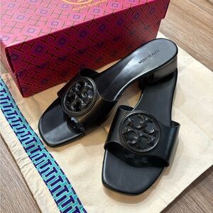 Tory Burch Black Bombe Miller Slides Logo Sandals